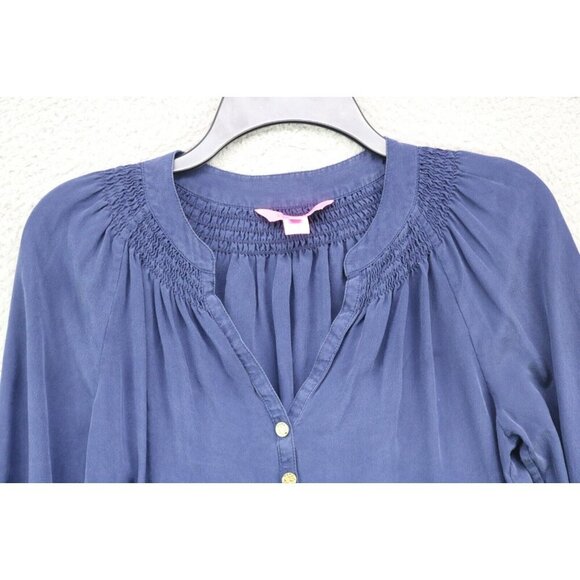 Lilly Pulitzer Navy Blue 100% Silk Long Sleeve Blouse-Size Small - Picture 4 of 13